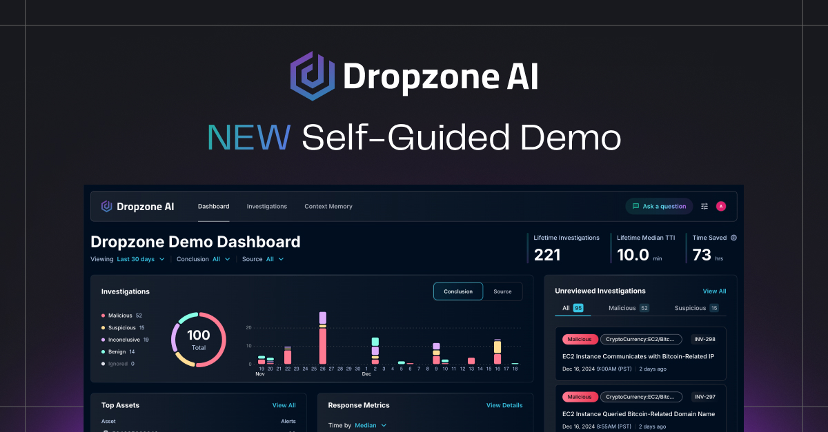 A screenshot of a dashboard with a purple background and the words "Dropzone AI" in the top left corner.
