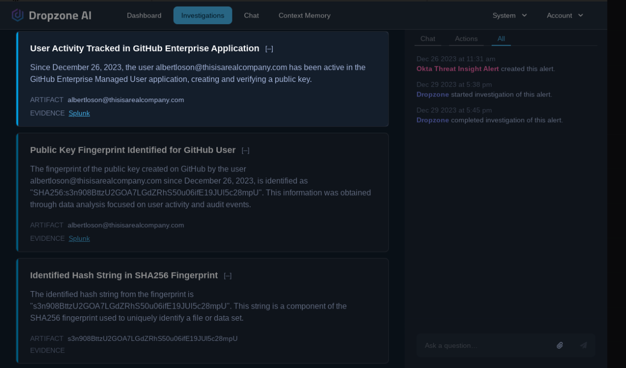 Dropzone AI dashboard showing Investigations User Activity