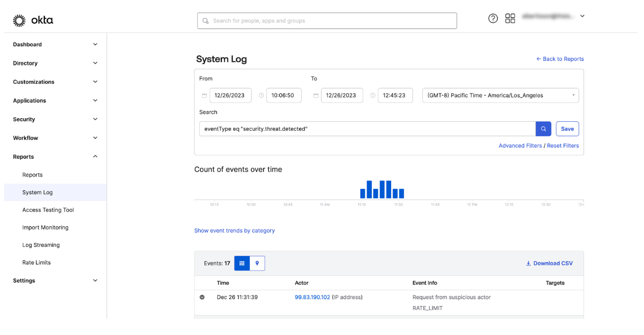 Okta dashboard showing system log