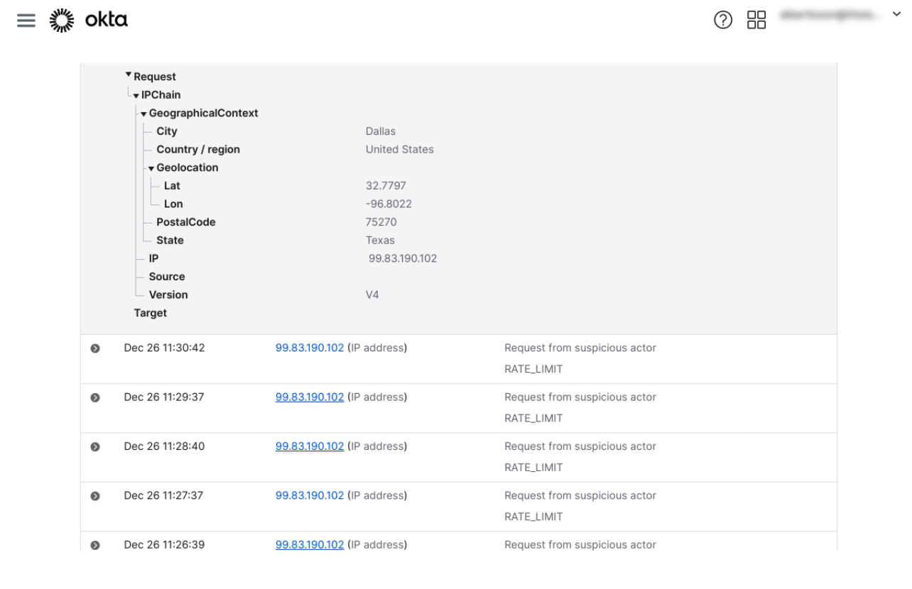 Okta dashboard screenshot showing request details