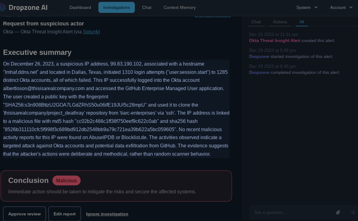 Dropzone AI Dashboard showing the Suspicious Actor Executive Summary