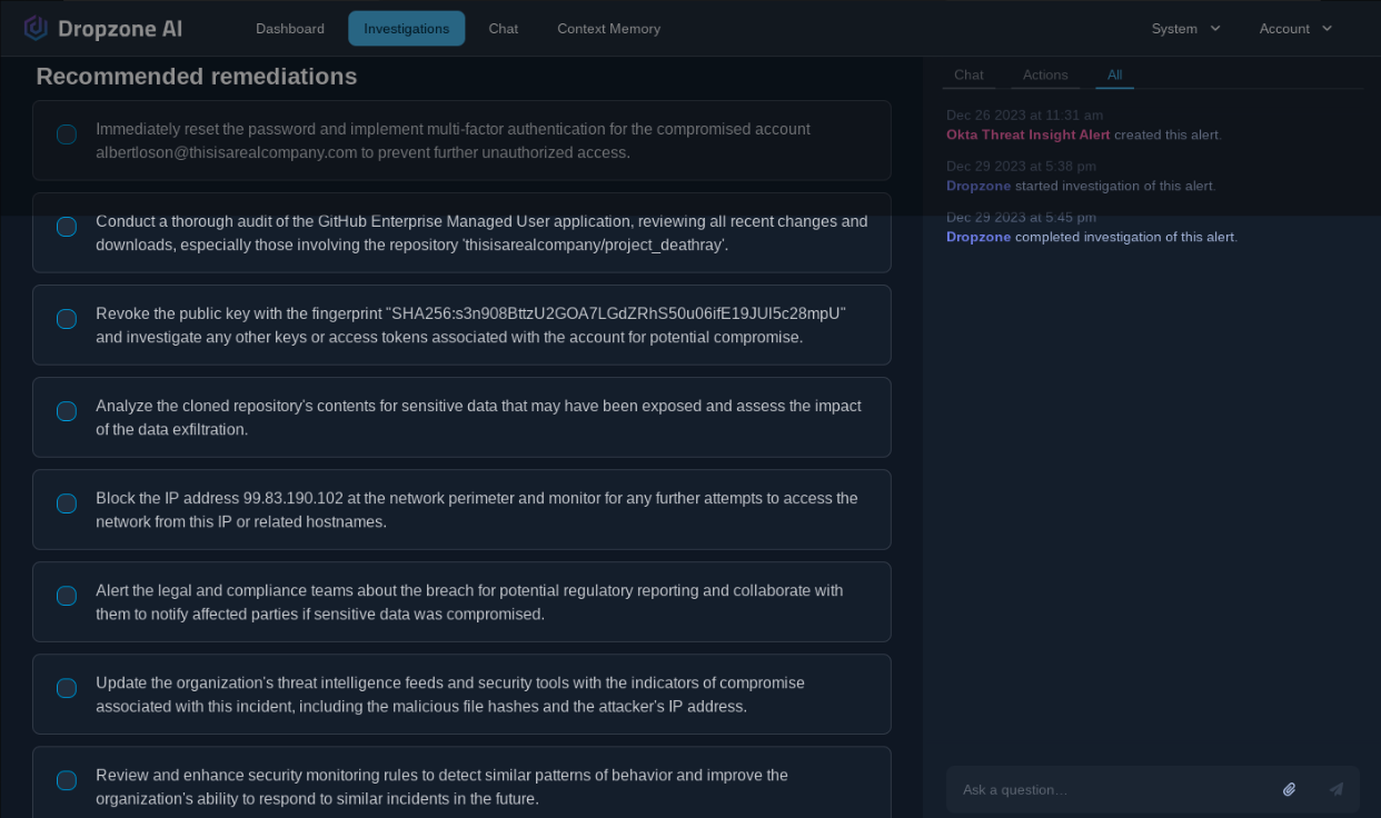 Dropzone AI Dashboard showing investigations recommended remediations