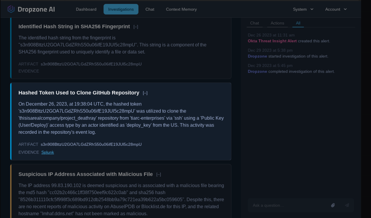Dropzone AI dashboard showing Identified Hash String