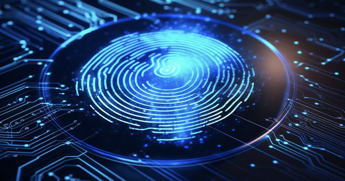 A blue and white fingerprint on a blue background.