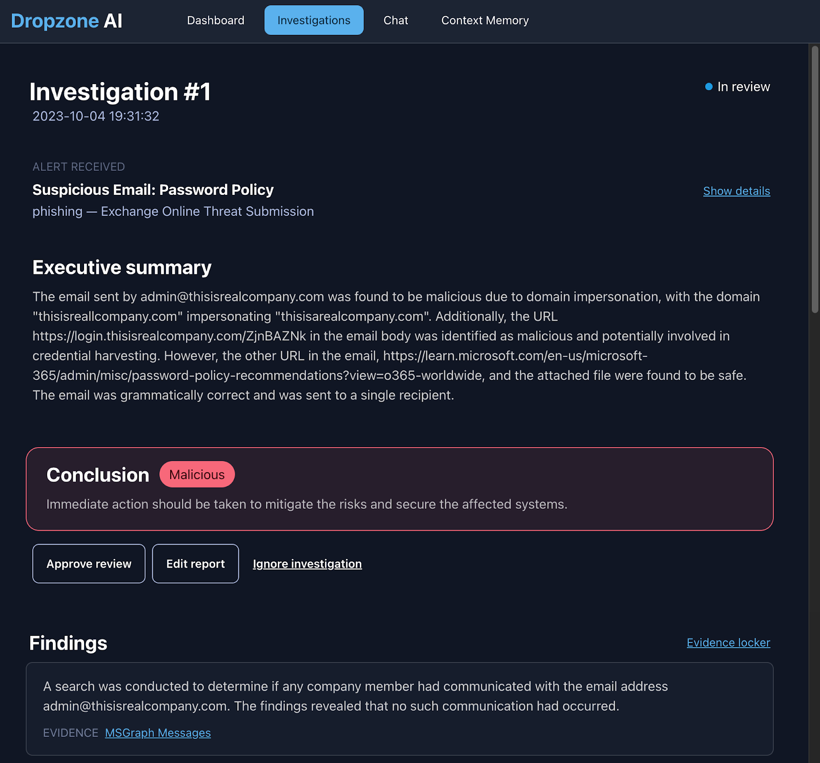 Dropzone AI Platform investigation conclusion - malicious
