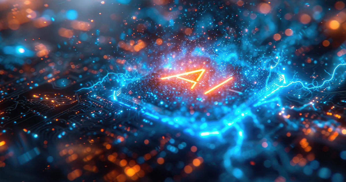 A blue and orange light show with the word AI in the center.