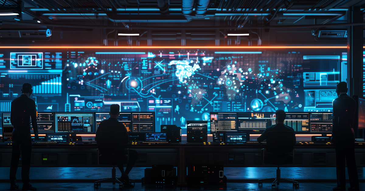 Two men sit in front of a wall of computer screens.
