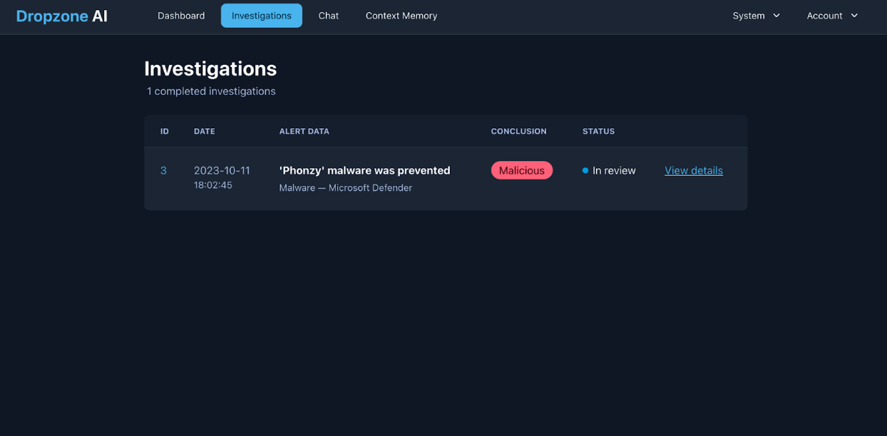 Dropzone AI Dashboard for Completed Investigations
