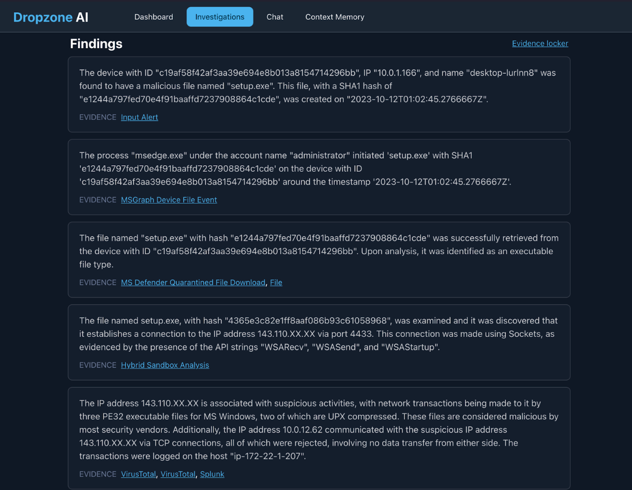 Dropzone AI Investigations dashboard showing the findings