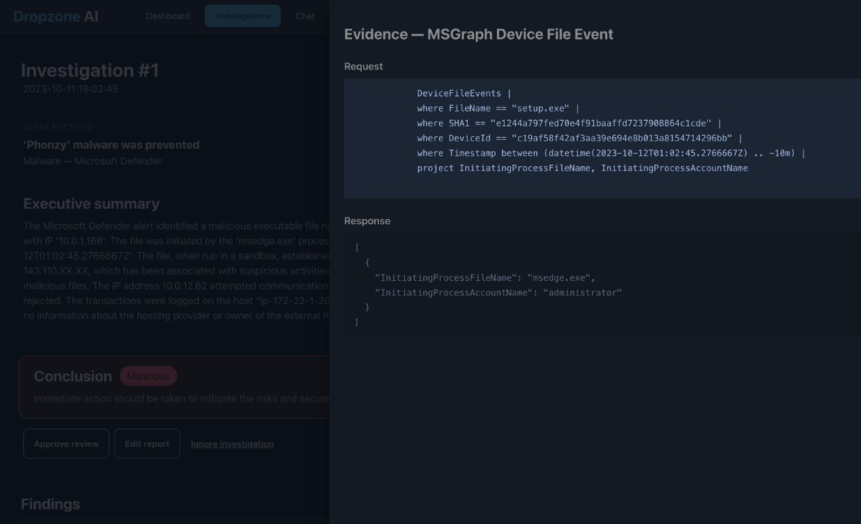 Dropzone AI investigations dashboard showing the evidence - msgraph device file event
