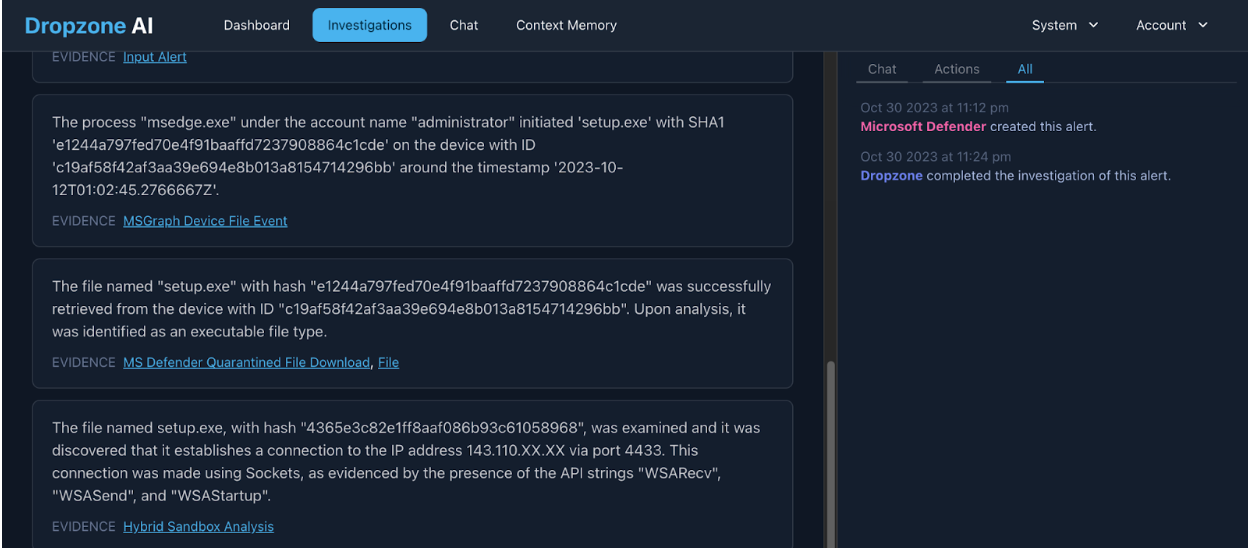 Dropzone AI investigations dashboard findings details