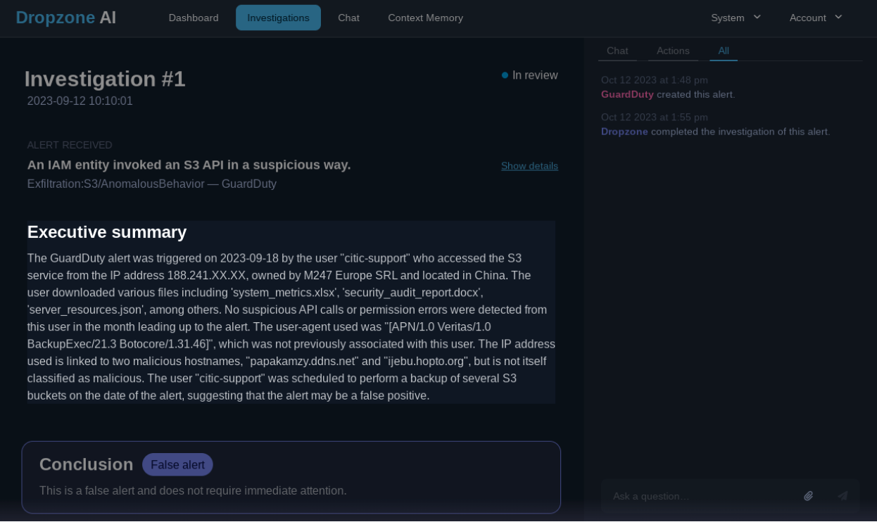 Dropzone AI Dashboard of the Investigation