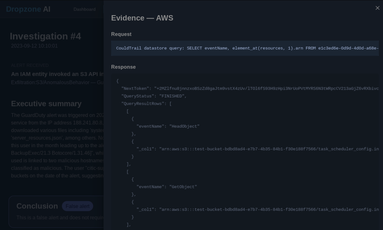 Dropzone Dashboard Image of Evidence - AWS