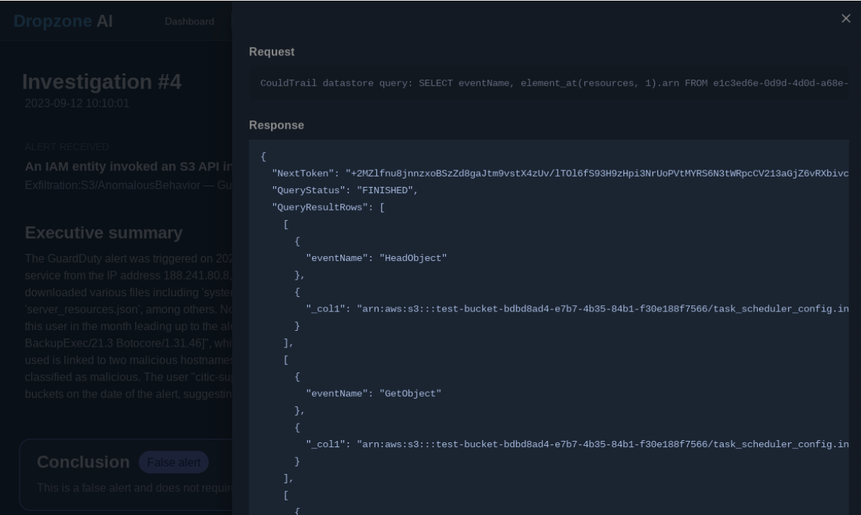 Dropzone AI Dashboard Image of Investigation Request