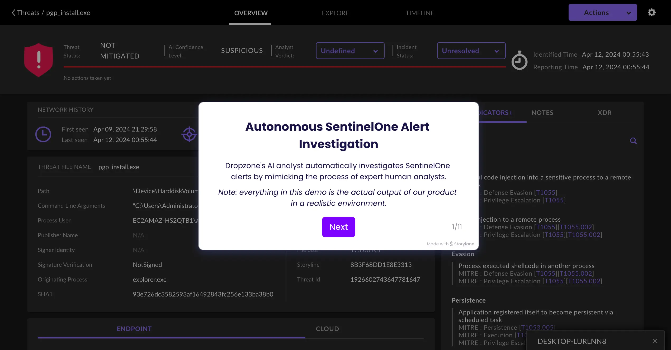 A screenshot of a website with a purple background and a white box that says "Automous SentineOne Alert Investigation".