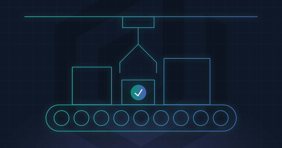Dropzone AI quality control assembly line graphic featuring blue checkmark on green background representing security validation